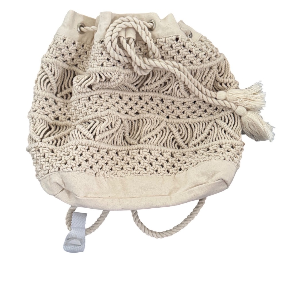Urban Outfitters Macramé Canvas Beige Ecru Drawstring Backpack Bag NWOT